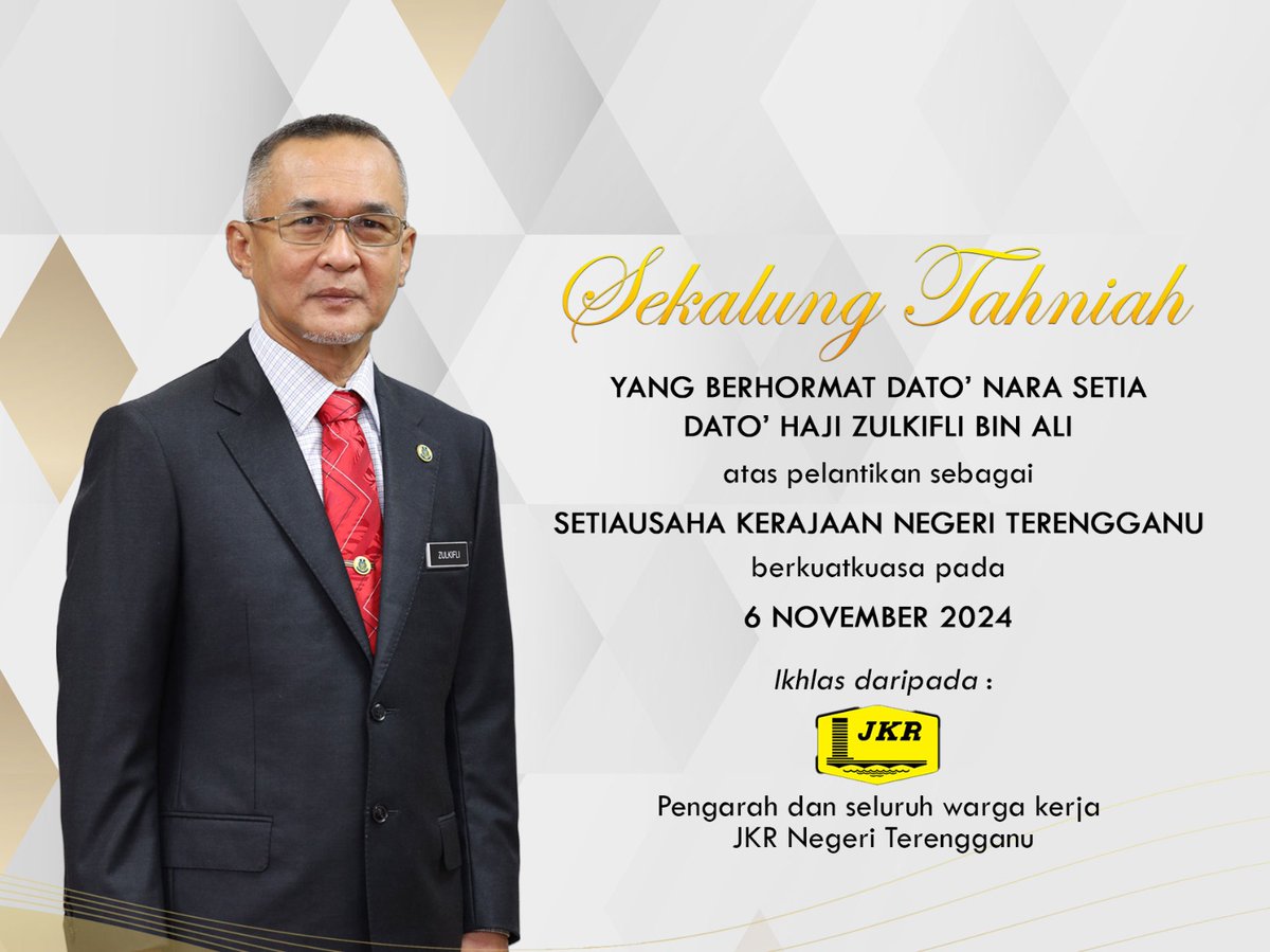 Sekalung Tahniah kepada Setiausaha Kerajaan Negeri Terengganu, Yang Berhormat Dato' Nara Setia yang akan menjalankan tugas sebagai SUK berkuatkuasa pada 6 November 2024.
<a href="/IPJKR_Official/">JKR Malaysia Rasmi</a>
<a href="/HasliJKR/">Hasli Ibrahim (Ir. Dr.)</a>