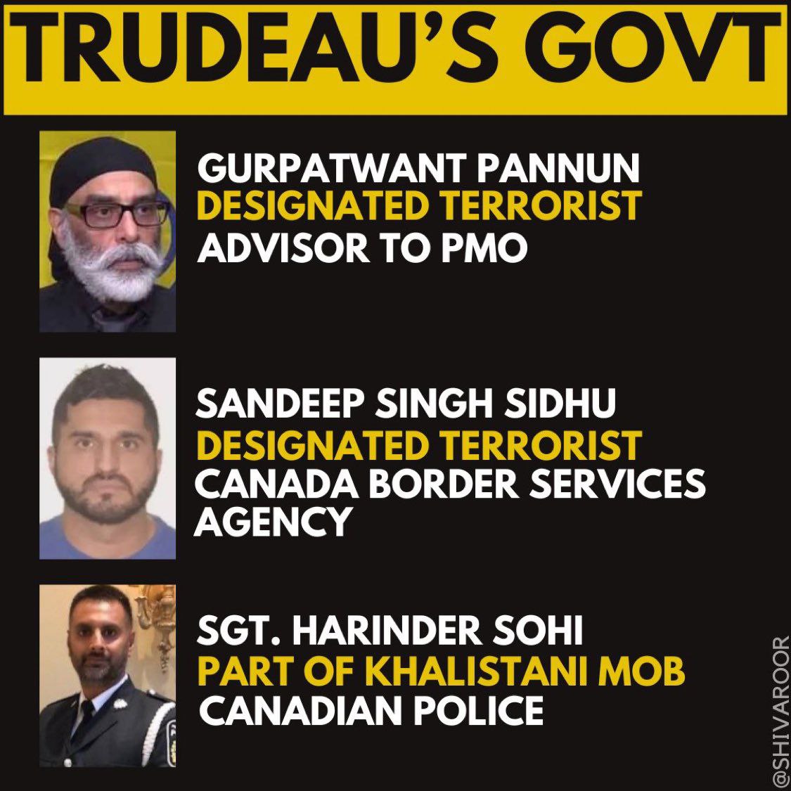 vamidushaman's tweet photo. India has officially labeled 🇺🇸 Pannun and 🇨🇦 Sidhu as terrorists, requested the US/Canada to deport them, and issued active red corner notices.

Yet, @JustinTrudeau &amp; @JoeBiden @KamalaHarris Govts shelters and funds them. Why are Canadians and Americans allowing this? https://t.co/zLxOKYRfJY