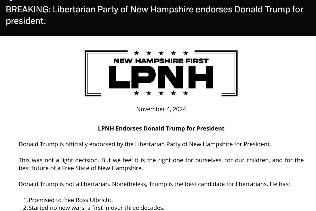 charliekirk11's tweet photo. BREAKING: The New Hampshire Libertarian Party has endorsed Donald Trump for President.

The momentum is surging. https://t.co/sjwYYFovpM