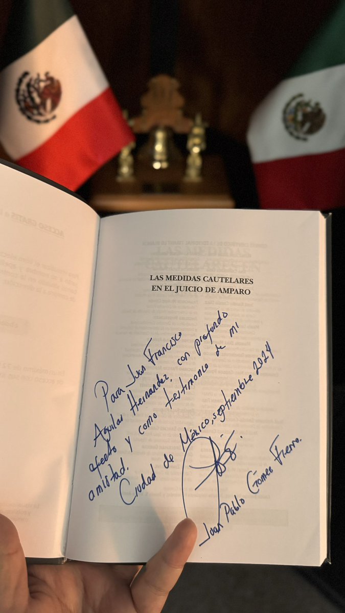 Felicito al Dr <a href="/JPgomezfierro/">Juan Pablo Gómez Fierro</a> por su nuevo libro “Las Medidas Cautelares en el Juicio de Amparo”

Muchas gracias por el regalo y la dedicatoria. 

Que sigan los éxitos; lo mejor está por venir.