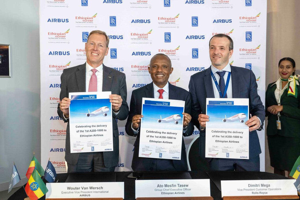 flyethiopian's tweet photo. Ethiopian Airlines has received Africa’s first @Airbus  A350-1000 aircraft from the Airbus company in a ceremony held in Toulouse, France. This brand new aircraft will arrive at Addis Ababa Bole International Airport today.
#FlyEthiopian #Airbus https://t.co/XwI1D6Kunj