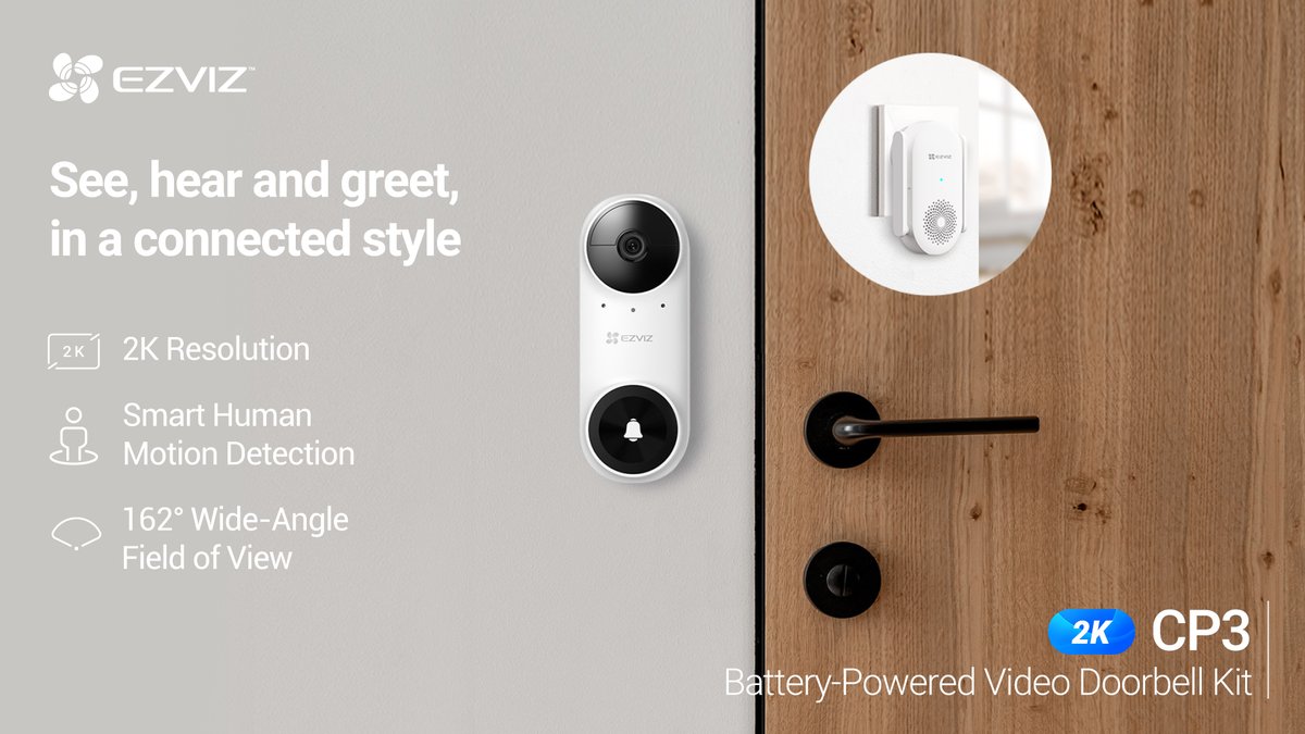 Add visibility and protection to your front door with the #EZVIZ #CP3! 
See your visitors from head to toe with 2K clarity and 162° wide viewing angle.
Learn More: bit.ly/3XE7jjB