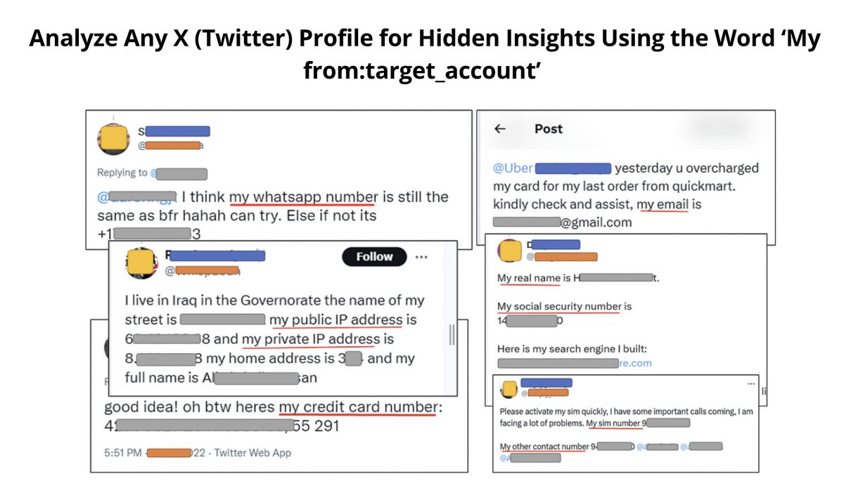 Extremely simple but important tip.

If you need to quickly extract the most important information from Twitter account's posts (and other social networks too), do a post search  for the word “My”.

Read more about this tip in PracticalOSINT's post:

medium.com/@practicalosin…