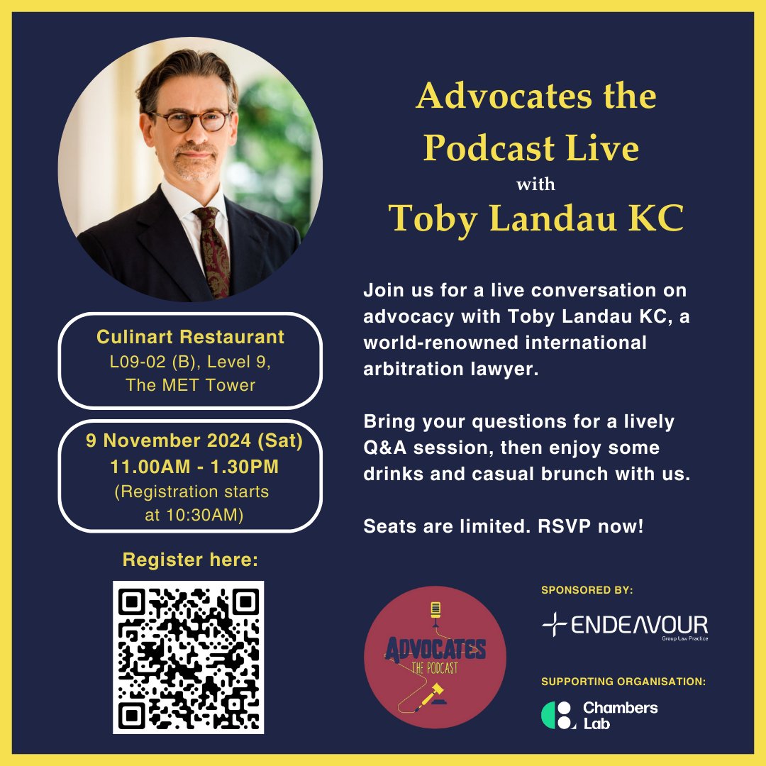 AdvocatesThePo1's tweet photo. 🎙️ Advocates The Podcast is back! Join us for an exclusive LIVE session with Toby Landau KC, sponsored by Endeavour Group Law Practice. Ask questions during the live Q&amp;A, stay for brunch, and tour Endeavour GLP. Limited slots!

Register your interest here: https://t.co/v0uLky6x43 https://t.co/R3QNHH58SN