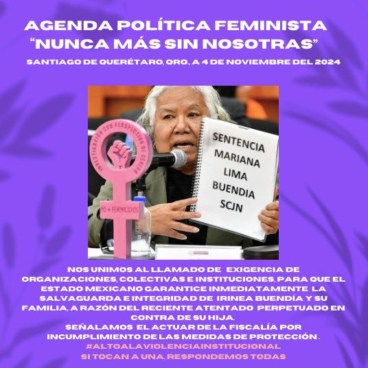 NuncaQro's tweet photo. Recientemente la hija de la activista Irinea Buendía fue víctima de un atentado, esto no debe suceder en ninguna circunstancia, mucho menos cuando les fueron otorgadas medidas de protección. Exigimos al Estado Mexicano que garantice inmediatamente su integridad. https://t.co/b6JeJ1OMt8