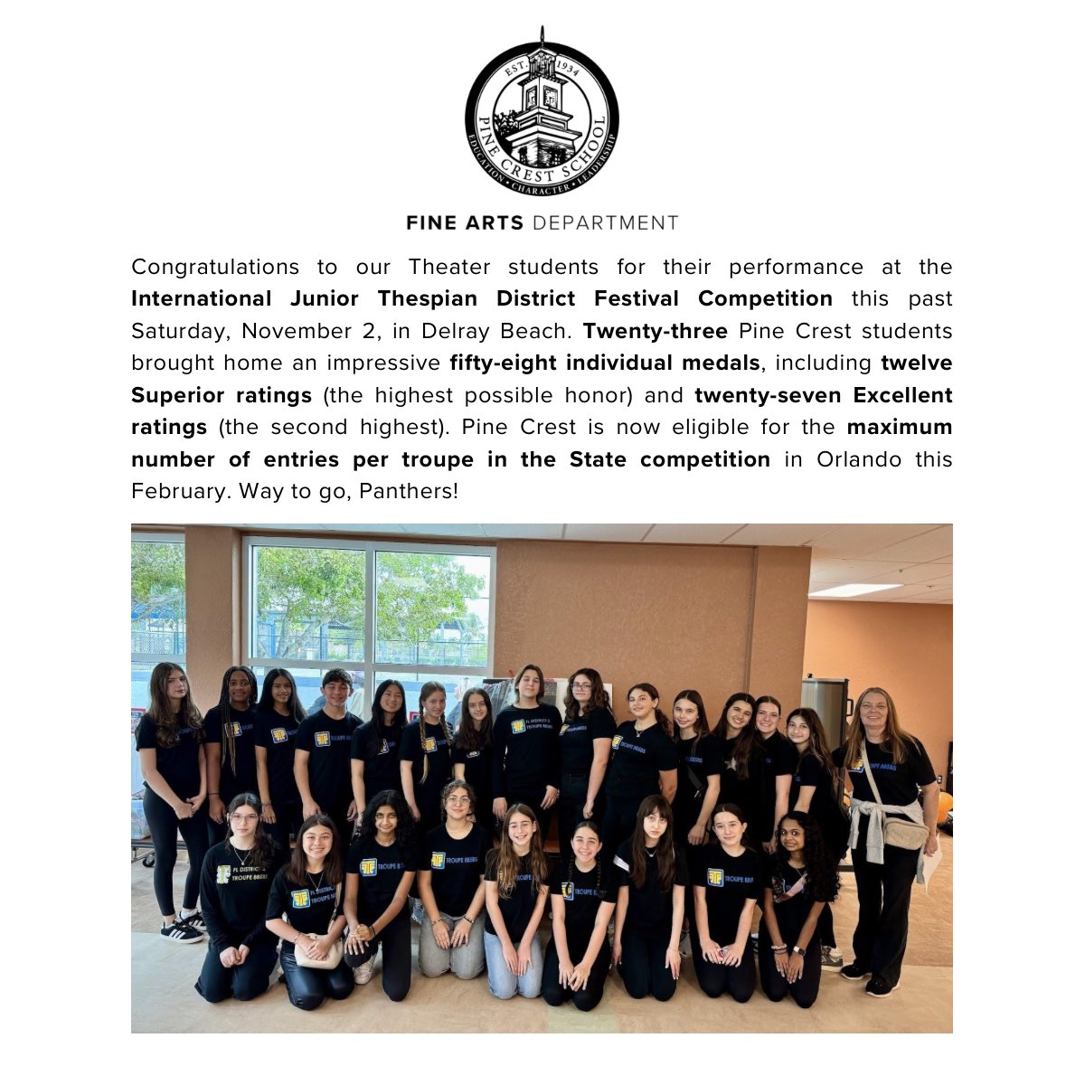 PineCrestArts's tweet image. #PCTheater students earned top accolades at their district competition last weekend. Curious about their ratings and what’s next for our talented troupe? Click the image to read more! #PCFineArts