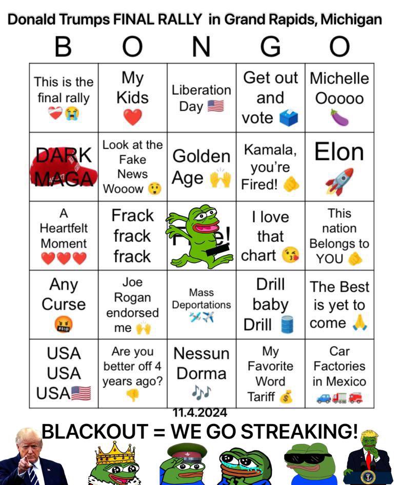 MJTruthUltra's tweet photo. Donald Trumps Final Rally BONGO CARD
If we get a blackout, we go streaking…
:)

Who wants to play?

Hey @DanScavino @DonaldJTrumpJr 
@EricTrump @margommartin 

I’ve covered every single rally and have hosted BINGO games with thousands of people every rally.

Could you work into the speech somewhere, the words “UNSHAKEABLE FAITH”?

It would mean a lot. 
#MAGA