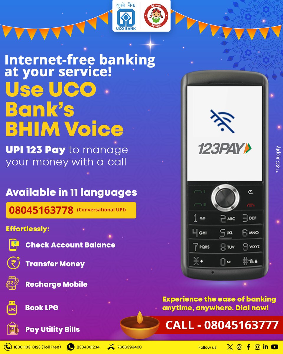 UCOBankOfficial's tweet photo. Internet down? UCO Bank's BHIM Voice UPI 123 Pay makes managing your money easy—just one call in 11 languages! Your smart banking solution without data needs. #UPI123Pay #SmartFinance #BHIMVoice #DigitalBanking #UCOBank #UCOTURNS81 #81YearsOfTrust #Banking https://t.co/WjkVBBrWWq