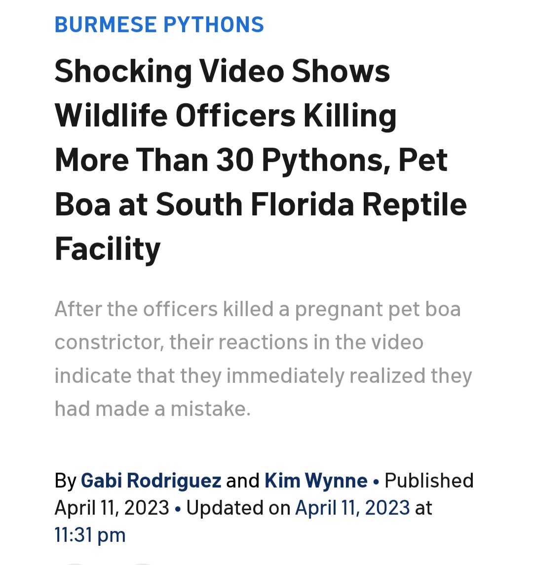 Elfdragon12's tweet photo. Folks are acting real brand new about cops killing pets.

Extra about the pythons: Burmese pythons had only recently made illegal as pets and the facility was trying to move them by the deadline. Also, the process could not have been called "euthanasia" as it was not humane. https://t.co/W6uAhcVhks