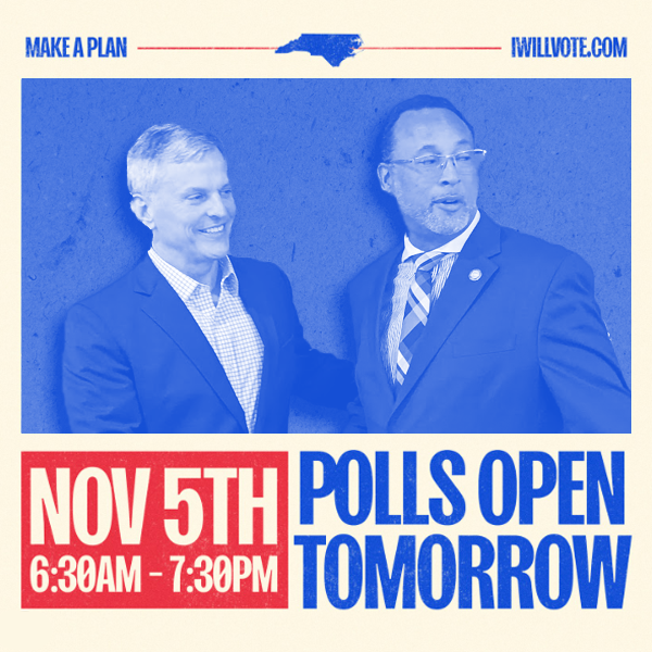 Election Day is here, and it’s our time to make a difference! Polls are officially open from 6:30 am to 7:30 pm!

Got questions about voting? Call the Voter Protection Hotline at 1-833-VOTENC (1-833-868-3462) for help. Need to find your polling location? vt.ncsbe.gov/PPLkup/