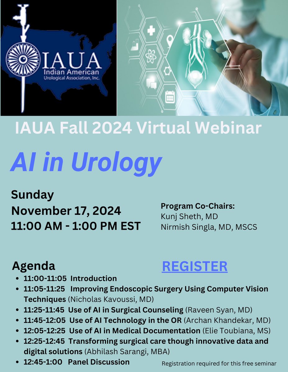 nirm (@nirmishsingla) on Twitter photo Excited to host our FREE upcoming webinar on AI in Urology <a href="/IauaSociety/">Indian American Urological Association</a> on 11/17/24! Learn about the many ways in which AI has transformed the field. Mark your calendar and don’t forget to register to get the zoom link! <a href="/AmerUrological/">Amer. Urol. Assn.</a> <a href="/UroOnc/">Society of Urologic Oncology</a> Excited to host our FREE upcoming webinar on AI in Urology <a href="/IauaSociety/">Indian American Urological Association</a> on 11/17/24! Learn about the many ways in which AI has transformed the field. Mark your calendar and don’t forget to register to get the zoom link! <a href="/AmerUrological/">Amer. Urol. Assn.</a> <a href="/UroOnc/">Society of Urologic Oncology</a>