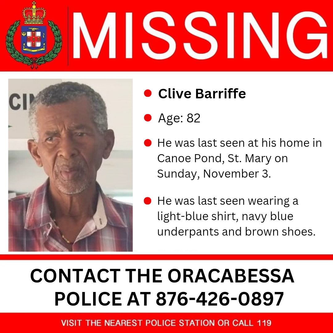 JamaicaConstab's tweet photo. We are seeking your help to locate Clive Barriffe. Call the number listed if you know his whereabouts.

#MissingPerson https://t.co/iBv7bk6j2n