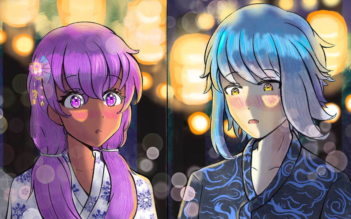 HizukiRei's tweet photo. My warrior of light's ancient, Artemis, with my QPP's wol's anxient, Phoebe, together in a summer festival. 🥺
I had a lot of fun drawing this and playing with the lights!
#FFXIV #ffxivart #FinalFantasyXIV https://t.co/gnRFOYRe2c
