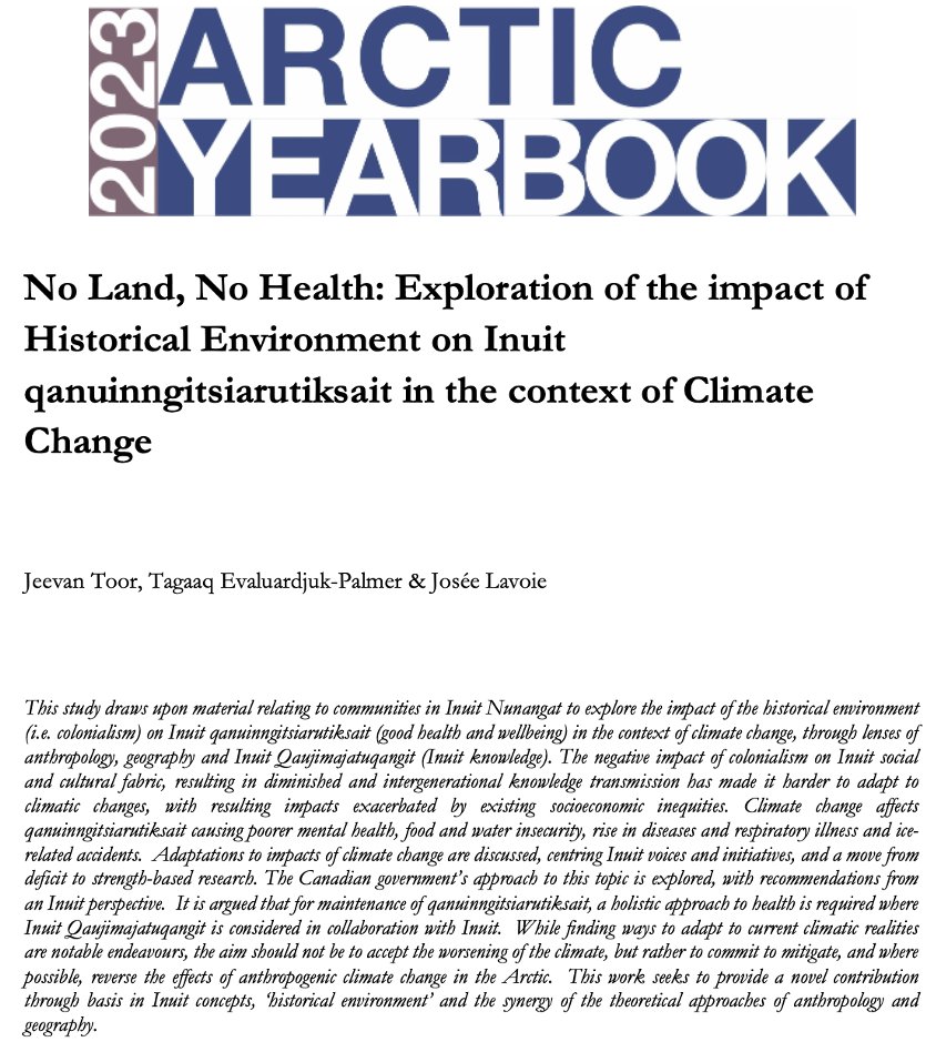 ArcticYearbook's tweet photo. 💡Highlighting: No land, no health: Exploration of the impact of historical environment on Inuit qanuinngitsiarutiksait in the context of climate change
By Jeevan Toor, Tagaaq Evaluardjuk-Palmer, &amp; Josée Lavoie

Available open-access here: https://t.co/39t7w1DILC

#Arctic #Health https://t.co/5jaxrrdlr0