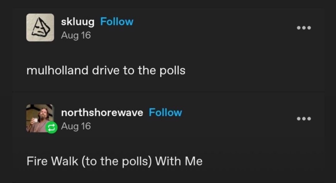 seanbnntt's tweet photo. Eraserhead to your local polling place

The Elephant (party’s) Man must go

Dune my part to get out the vote

(She wore) Blue Velvet on election night

Wild at Heart, sane of mind, make sure your mail in ballot’s signed

Lost High(this)way to your local polling station! https://t.co/vpMgqbn8zv