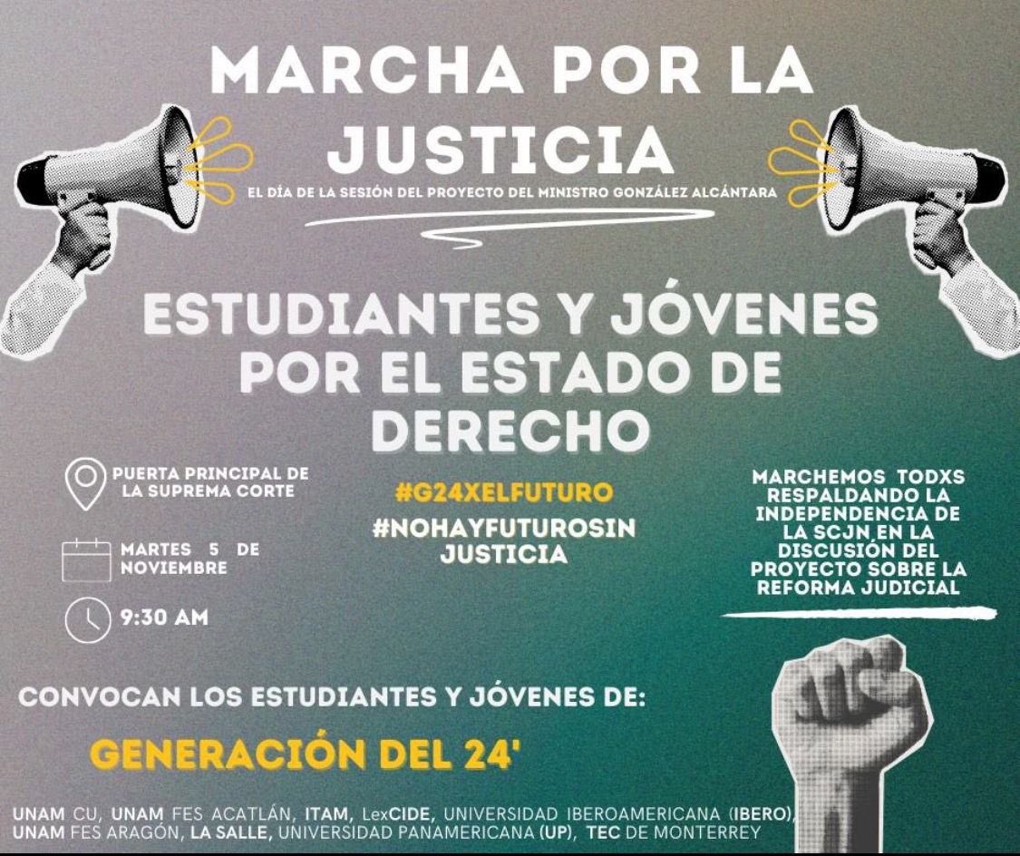 DeniseDresserG's tweet photo. Alerta. Mañana 9:30 am en la puerta principal de la Suprema Corte. 

Manifestación convocada por los estudiantes y jóvenes de la generación del 24.

#NoHayFuturoSinJustia https://t.co/sQfO0iFiSE