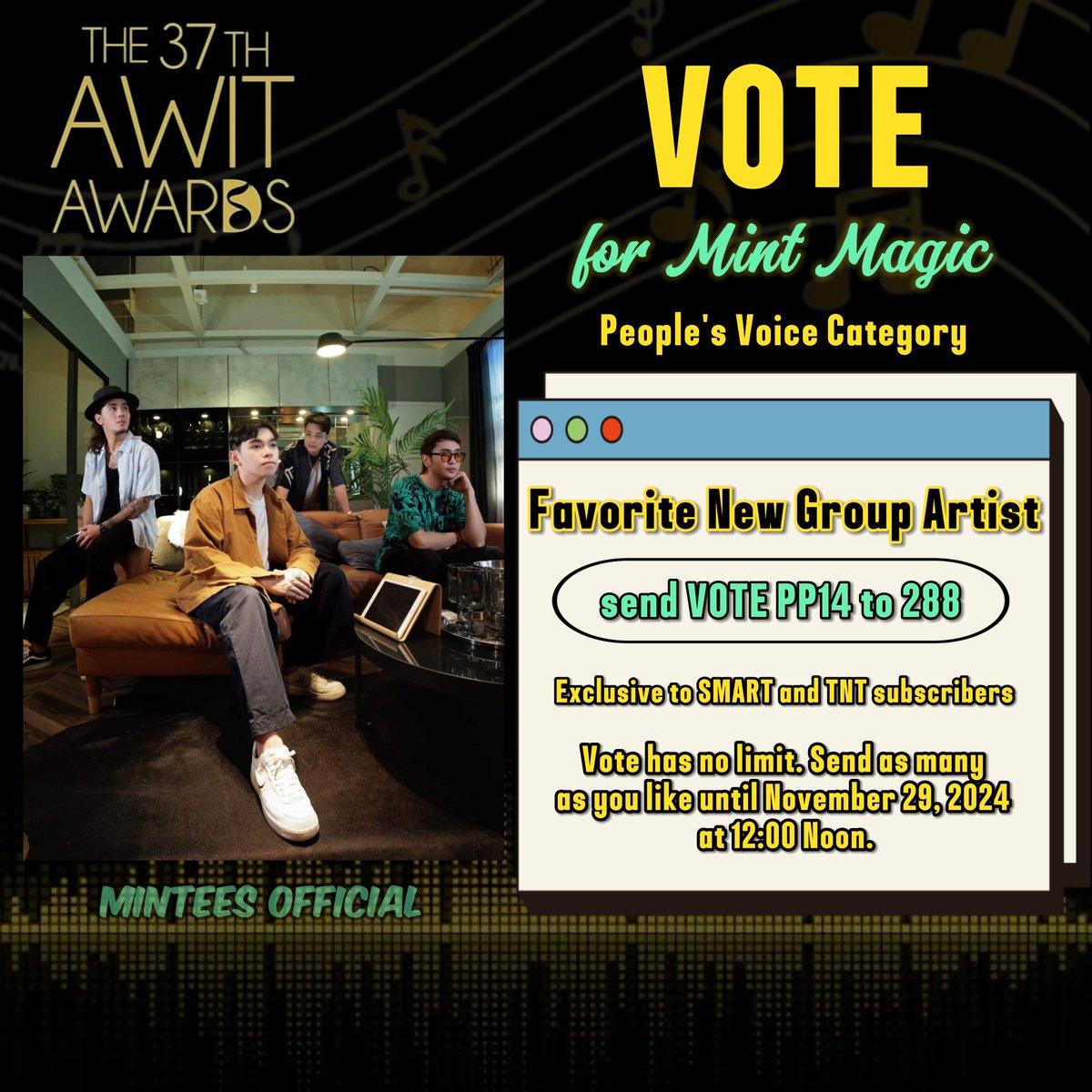 minteesph_ofc's tweet photo. MINT MAGIC IS NOMINATED! 

Our fafis are nominated for the upcoming 37th @AwitAwards. In the People's Voice Category as "Favorite New Group Artist". Please vote for them! 

#MintMagic #MinteesOfficial! https://t.co/gp4cWuu8b0
