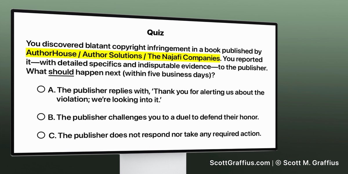 ScottGraffius's tweet image. There&apos;s blatant copyright infringement in a book published by the Najafi Companies&apos; @AuthorHouse / @AuthorSolutions. What&apos;s the publisher doing about the violation?

Find out here: bit.ly/naj-afi

#AuthorHouse #AuthorSolutions #NajafiCompanies #Publisher #Publishing #IP