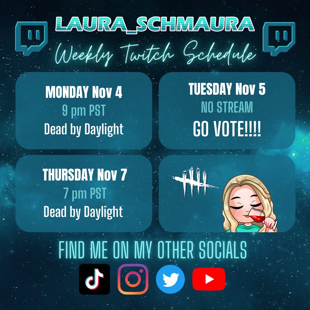 Stream Schedule is here for the week! NO STREAM TOMORROW - but please, please go vote tomorrow if you are American! Your vote matters, so make the time and go do it! Democracy thanks you.