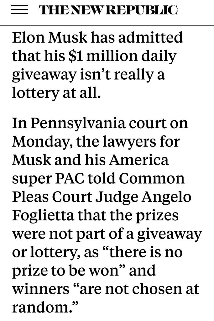 AlexandruC4's tweet photo. BREAKING: Elon Musk's $1 million per day "lottery" was rigged from the start, winners "pre-selected", his own lawyers admit in Court. https://t.co/c8MMdV3VET