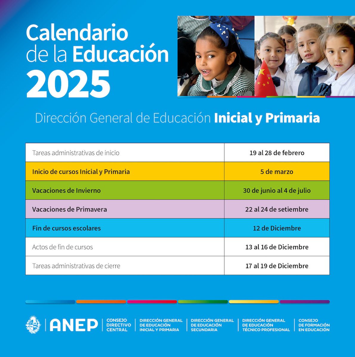 ANEP_Uruguay's tweet photo. La ANEP fijó calendario de actividades del año lectivo 2025 con el inicio y fin de cursos, vacaciones, entre otros de @primaria_anep @dges_Uruguay y @UTU_Uruguay https://t.co/89G52gOvTS