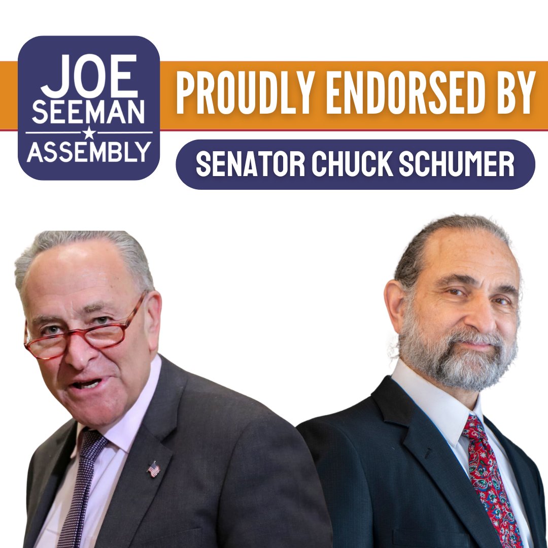 joe_seeman's tweet photo. Honored to have the endorsement of Senator Chuck Schumer! His tireless work for New Yorkers inspires me every day. Thank you, Senator, for your support as we work toward a fairer, stronger New York! #VoteJoeSeeman #Endorsement https://t.co/bosE7IqGUr