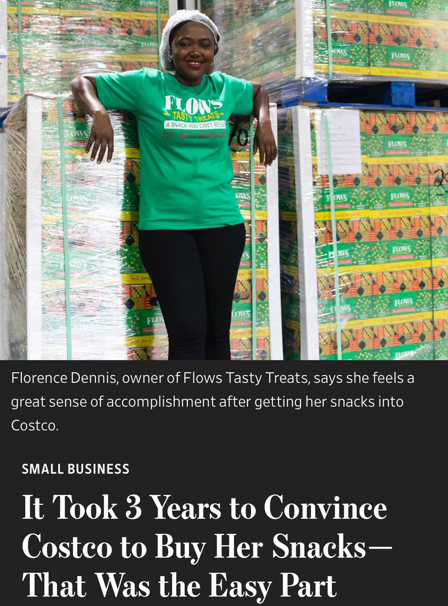 TrungTPhan's tweet photo. Interesting story on a small business pitching a new product to Costco: 

▫️Florence Dennis creates a Ghanaian peanut-and-corn mix snack (“Flows Tasty Treats”) in 2017

▫️In 2020, she cold e-mails Costco and a buyer agrees to see pitch deck but passes

▫️Dennis e-mails the buyer anytime 
there’s a positive review of her snack and he passes her to a 2nd buyer, then a 3rd buyer (they all try samples) 

▫️In summer 2024 — 3+ years after first contact — Costco puts in a trial order for 37,000 bags (they offer Dennis $375,000 and will retail for $11.98, which is an ~18% margin on top of the product)

▫️Costco’s order is more than 2x entire revenue for Flows Tasty Snacks in 2023 ($153,000)

▫️Typically, Costco will trial a new brand for 8-12 weeks and the product basically has “five seconds at 5 feet to get the member’s attention” per WSJ

▫️Since packaging is so important, Costco works closely with Dennis on the snack bags (she spends $50k and does 30 iterations over many months)

▫️Costco agrees to pay Dennis 15 days after recieving the product but won’t do supplier financing (Dennis has to grind out small business and inventory loans to fill the order)

▫️Costco buyers know within a few weeks if the product will be a keeper

▫️In October 2024, Flows Tasty Treats hit shelves in ~30  Costco stores in the Northeast US

The 41-year old has been going to each store — including home of New Jersey — to promote the product like crazy. She is doing all of this while working a full-time job at New York City’s Department of Education. 

Next-level dedication and hoping her snack makes it up to Costco Canada (will def try while picking up an oversized tub of C4 Pre-Workout Mix).

***

Full WSJ read here: https://t.co/DuOtu098IE