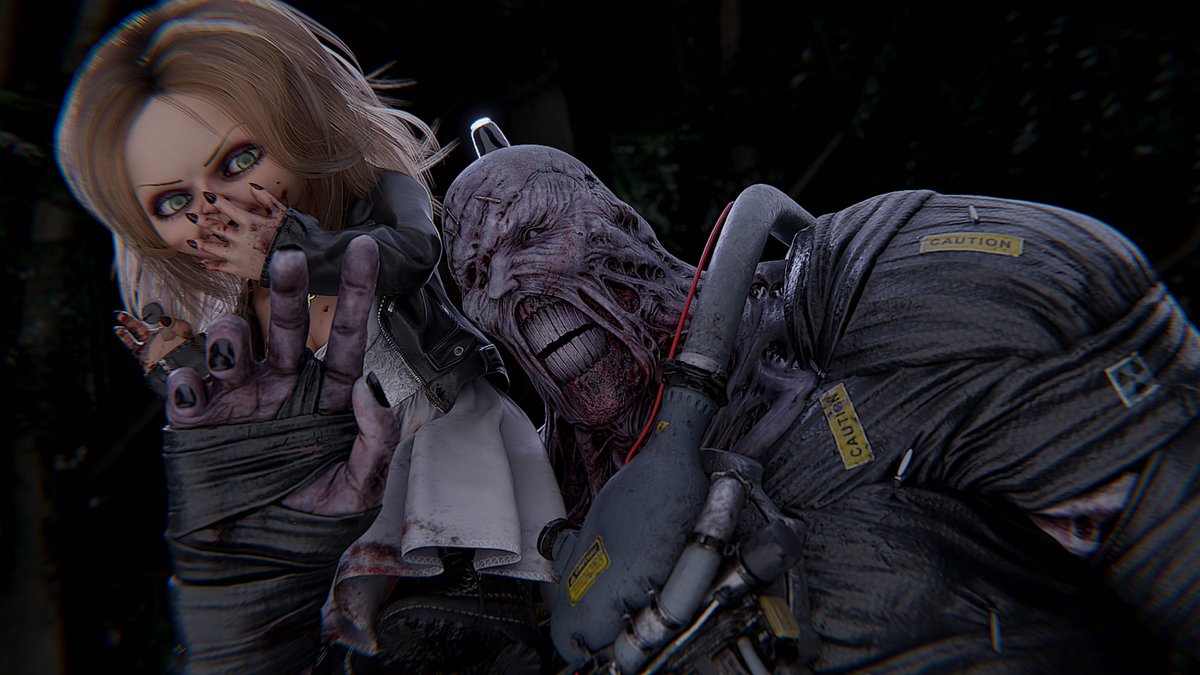 Ey, Tiff. Great idea... 👀
Seems like he enjoys the new look too.

#DeadByDaylight #DbD #Render #Blender #TiffanyValentine #Nemesis #ResidentEvil