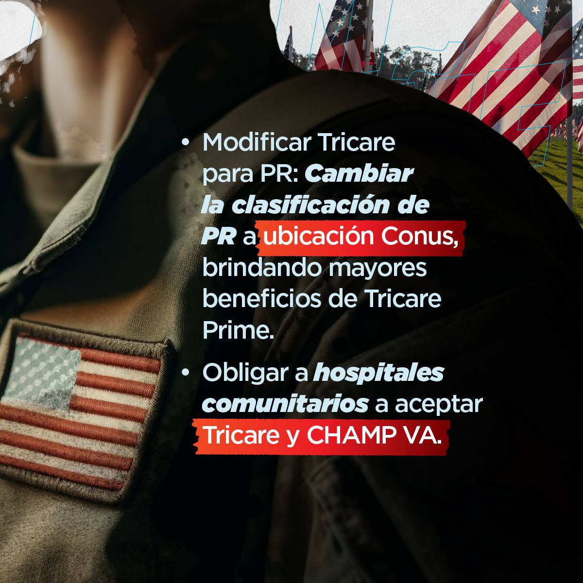 Como senador, los veteranos han sido una prioridad para mí, y lo seguirán siendo en mi gestión como comisionado residente. Dentro de mis propuestas, incluyo la creación de una residencia en el área metropolitana para los veteranos y la exención de impuestos estatales sobre sus