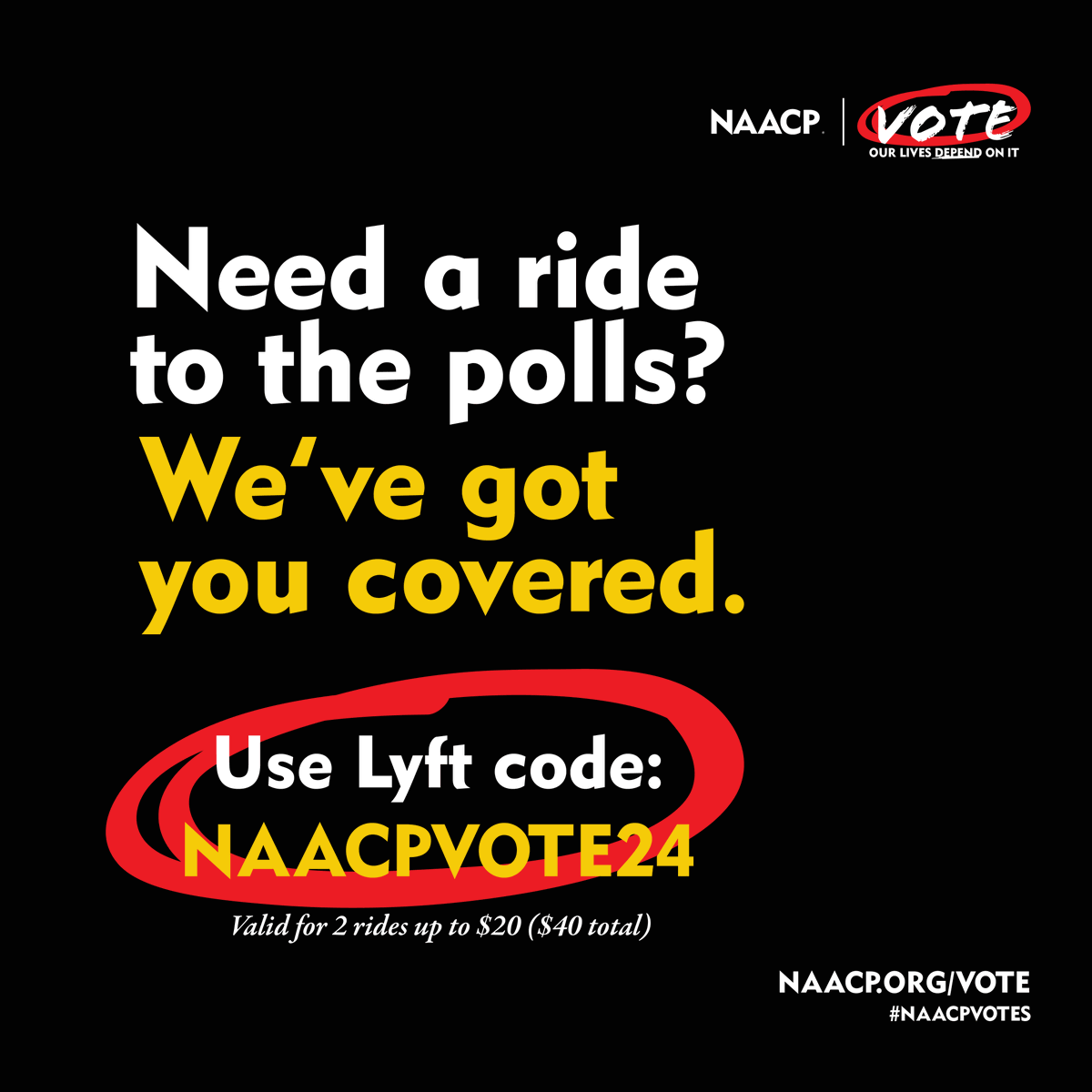 Gas tank on E? No ride to the polls? We've got you covered! 🗳️

We're partnering with <a href="/lyft/">Lyft</a> to offer discounted rides, making sure every voter has a way to cast their ballot.

Use code NAACPVOTE24.

#NAACPVotes