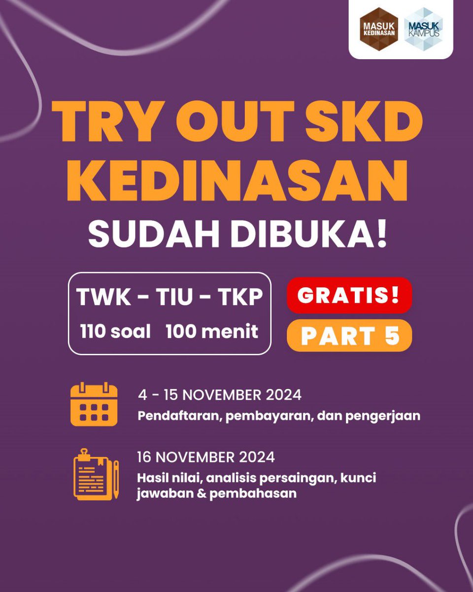 masukkampus's tweet photo. π¨TRY OUT SKD KEDINASAN PART 5 GRATIS DIBUKA!!π¨
Bagi kamu yang mau ngerasain simulasi ujian SKD seperti sesungguhnya dengan soal-soal yang HOTS, wajib ikut TO SKD Gratis ini. *hanya sampai 15 November 2024!!
Kamu bisa daftar di https://t.co/UfooGqyG0R!
#tryoutskd #skd #sekolahkedinasan #sekdin