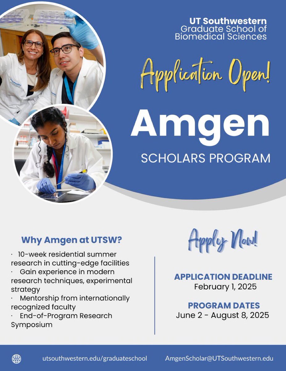📢 Applications are now open!

We are now accepting applications for the Amgen Scholars Program at <a href="/UTSWGradSchool/">UTSW Graduate School of Biomedical Sciences</a>. Dive into cutting-edge research, attend skill-building sessions, and connect with our vibrant scientific community <a href="/ASP_GPO/">Amgen Scholars Global Program Office</a> 

Apply here ➡️ bit.ly/3FGVQIH