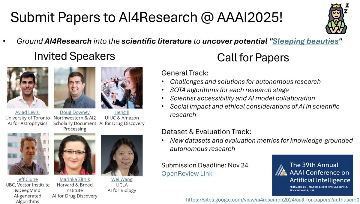 🚀 [CFP] Join Us at AAAI 2025 for the Second AI4Research Workshop! 🧪

Are you exploring cutting-edge research in an AI-assisted scientific research lifecycle? Do you want to uncover potential "hidden gems" and "sleeping beauties" in scientific literature? Our full-day workshop