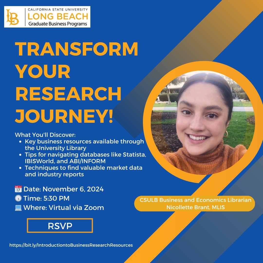 🌟 Unlock Your Business Research Potential! 📊

Join Nicollette Brant, MLIS, for a workshop on tools like Statista and IBISWorld—no experience needed!

🗓 Nov 6, 2024 | 🕠 5:30 PM | 💻 Virtual via Zoom

👉 Register: bit.ly/Introductionto…

#BusinessResearch #CSULB #GBP