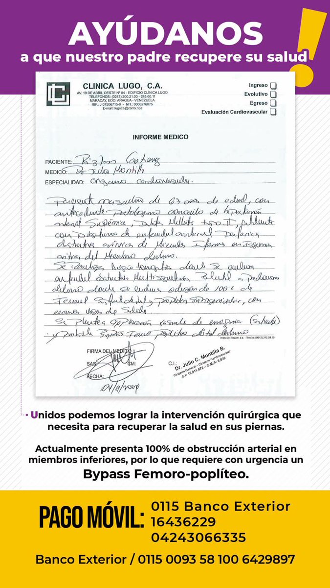 #ServicioPúblico | Mi tío Riztan Gutiérrez debe ser intervenido con urgencia para no perder ambas piernas por una obstrucción arterial, que solo se resolverá con un bypass femoro-poplíteo. La operación supera 5mil $ que no tenemos. 

Agradecemos mucho a quienes puedan contribuir.