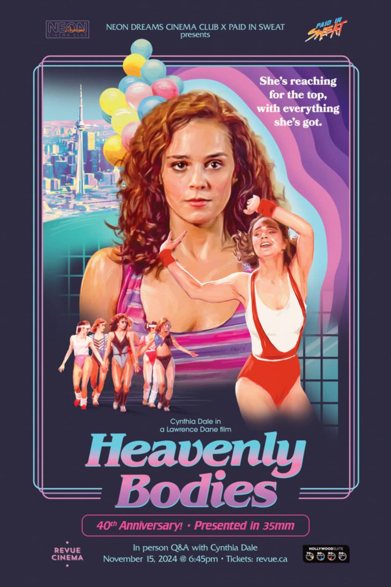 <a href="/studioralston/">Tom Ralston</a> incredible poster for the glorious Torontocentric aerobic flick HEAVENLY BODIES! This co-program between <a href="/NeonDreamsTO/">Neon Dreams Cinema Club</a> and us is something else, folks! 
A stellar picture! A top tier special guest! A 35mm print! Don't miss this!!! 
🎟 here:
tinyurl.com/HeavenlyBodies…