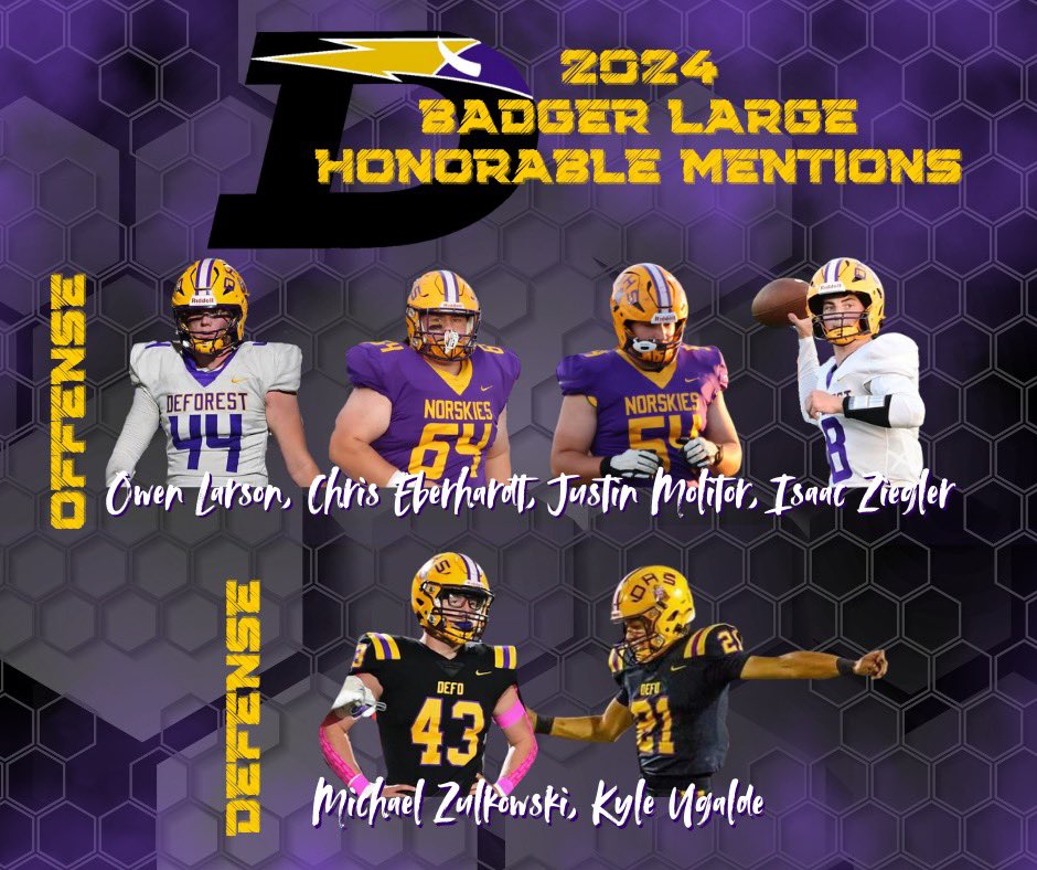 DeForest Football (@norskifootball) on Twitter photo Congratulations to our Football team members who were recently named to the Badger Large - All Conference Honorable Mention!
🏈 Owen Larson
🧱 <a href="/Chris_eberh/">Christopher Eberhardt</a>
🧱 Justin Molitor
🚀 <a href="/isaaczieglerqb/">ISAAC ZIEGLER 3⭐️ QB</a>
🔒 Michael Zulkowski
🚫🛩️ <a href="/ugalde_kyle/">Kyle Ugalde</a>
#mightynorskies #wiaafb Congratulations to our Football team members who were recently named to the Badger Large - All Conference Honorable Mention!
🏈 Owen Larson
🧱 <a href="/Chris_eberh/">Christopher Eberhardt</a>
🧱 Justin Molitor
🚀 <a href="/isaaczieglerqb/">ISAAC ZIEGLER 3⭐️ QB</a>
🔒 Michael Zulkowski
🚫🛩️ <a href="/ugalde_kyle/">Kyle Ugalde</a>
#mightynorskies #wiaafb