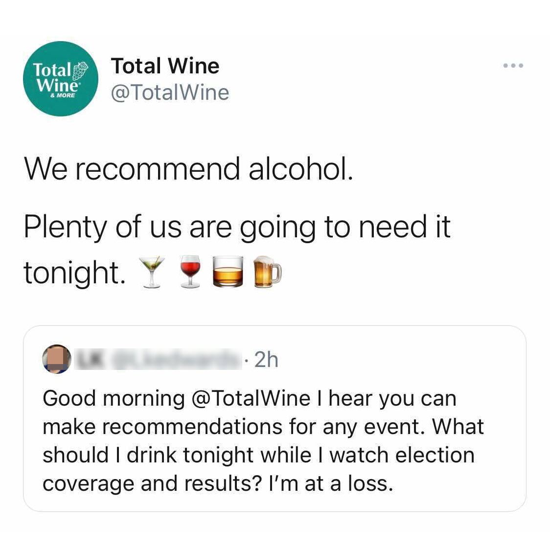 TotalWine's tweet photo. FYI - if you ask us for a drink suggestion today or tomorrow in honor of #ElectionDay, you might just see the same recommendation we had back in 2020. 🍸 https://t.co/LxD7e855Ls