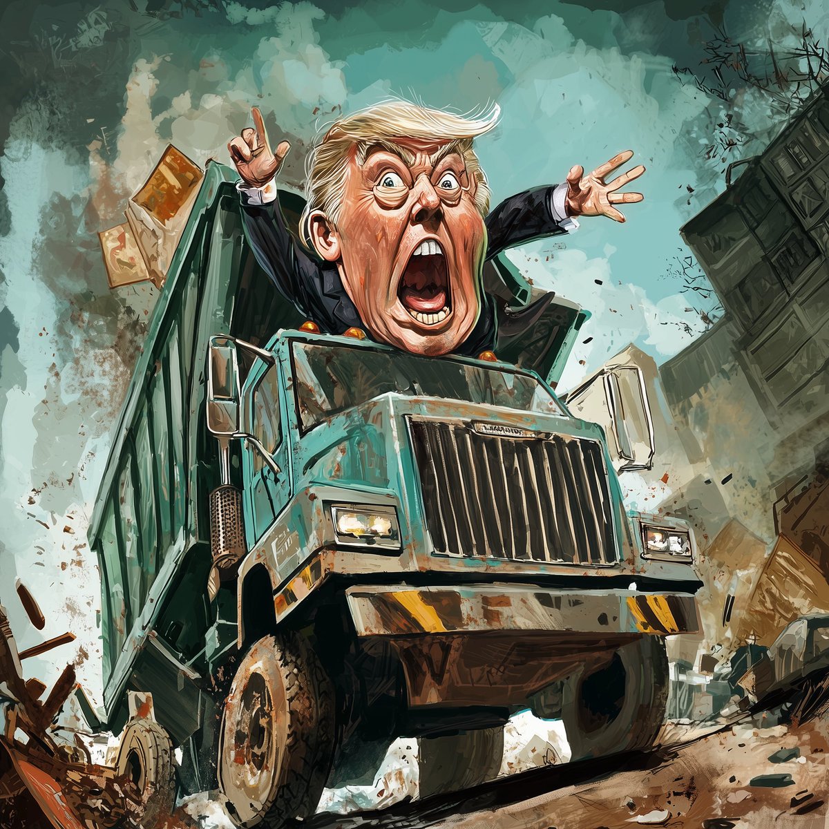 Midjourney AI image input: newspaper caricature of presidential candidate riding a garbage truck.

#smallhands #ElectionDay