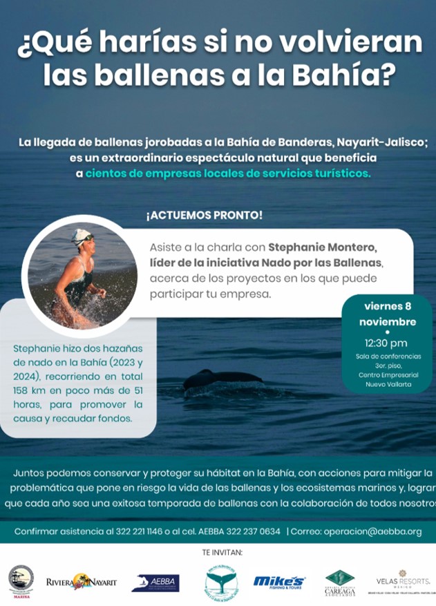 PortofVallarta's tweet photo. ASIPONA Puerto Vallarta invita aNado por las Ballenas 2024.     🐋¿Cómo lograr que la Bahía de Banderas sea un lugar más seguro para las ballenas jorobadas? 🐋
Se  impartirá:
viernes 8 de noviembre 12:30 pm Lugar: sala de conferencias 3er. piso, Centro Empresarial Nuevo Vallarta https://t.co/sozkk8nU3O