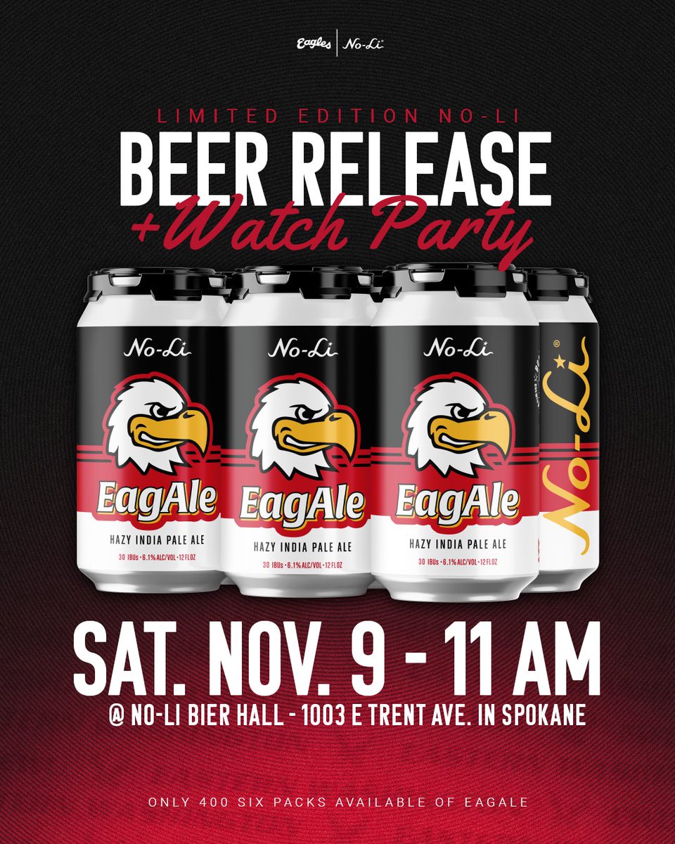 EWU Athletics 🦅 (@ewuathletics) on Twitter photo Join us THIS SATURDAY (11/9) at 11 AM for a limited release of <a href="/NoLiBrewhouse/">No-Li Brewhouse</a>'s EagAle while we cheer on <a href="/EWUFootball/">EWU Football 🏈</a> vs. Northern Colorado. Only 400 six-packs are available! Athletics & the <a href="/EWUAlumni/">EWU Alumni</a> staff will be on-site with <a href="/ewuswoop/">EWU Swoop</a> & EWU Cheer hosting giveaways. Join us THIS SATURDAY (11/9) at 11 AM for a limited release of <a href="/NoLiBrewhouse/">No-Li Brewhouse</a>'s EagAle while we cheer on <a href="/EWUFootball/">EWU Football 🏈</a> vs. Northern Colorado. Only 400 six-packs are available! Athletics & the <a href="/EWUAlumni/">EWU Alumni</a> staff will be on-site with <a href="/ewuswoop/">EWU Swoop</a> & EWU Cheer hosting giveaways.