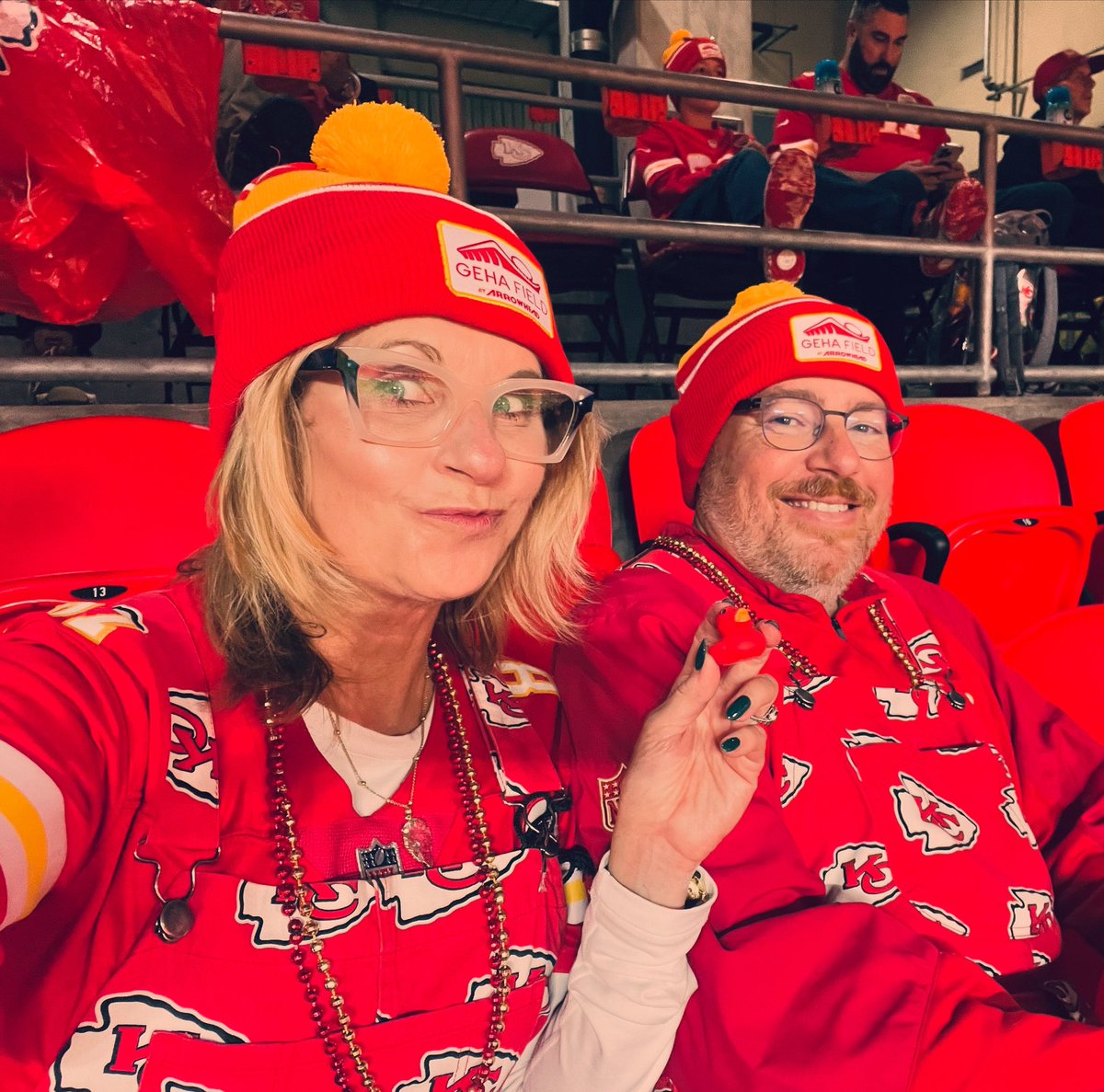 JoniJeanette's tweet photo. Lucky Duckie is in tow!!  Time to steal all the “booty” from the Bucs!  Let’s go Chiefs!  #ChiefsKingdom @Chiefs @tkelce @buttkicker7 https://t.co/ghq6cDyZ0J