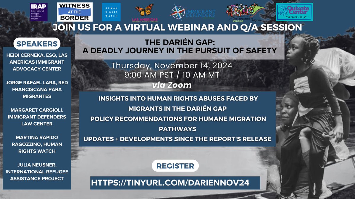 ImmDef (@immdef) on Twitter photo Join us for a powerful webinar: "The Darién Gap: A Deadly Journey in the Pursuit of Safety"
🗓️ Nov 14
⏰ 9 AM PST / 10 AM MT
Learn about the human rights abuses migrants are facing, policy solutions, & the latest updates.
Featuring experts from <a href="/ImmDef/">ImmDef</a>, <a href="/hrw/">Human Rights Watch</a>, <a href="/hrw_espanol/">Human Rights Watch</a>, Join us for a powerful webinar: "The Darién Gap: A Deadly Journey in the Pursuit of Safety"
🗓️ Nov 14
⏰ 9 AM PST / 10 AM MT
Learn about the human rights abuses migrants are facing, policy solutions, & the latest updates.
Featuring experts from <a href="/ImmDef/">ImmDef</a>, <a href="/hrw/">Human Rights Watch</a>, <a href="/hrw_espanol/">Human Rights Watch</a>,