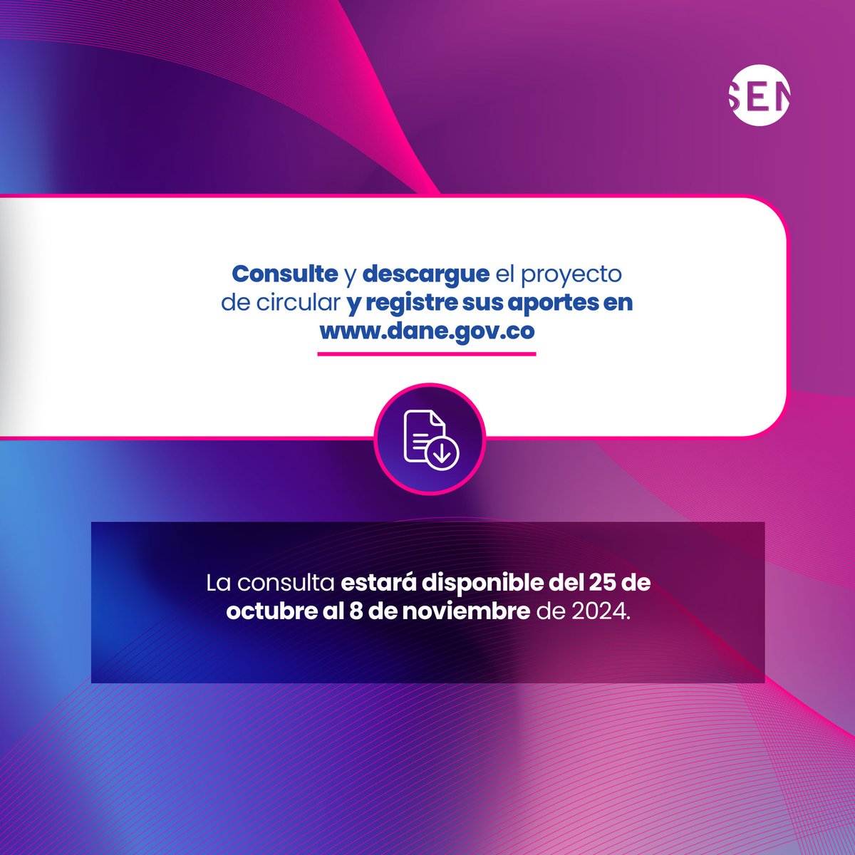 DANE_Colombia's tweet photo. 🗣️ ¡Sea parte del futuro de las estadísticas en Colombia! El DANE lo invita a participar en la consulta pública para el Programa Anual de Evaluación de la Calidad Estadística 2025. 📈
👉 Participe hasta el 8 de noviembre en: https://t.co/H8pEqZ8ski: https://t.co/Q8t7XN4YPQ https://t.co/re1ocbj1UQ