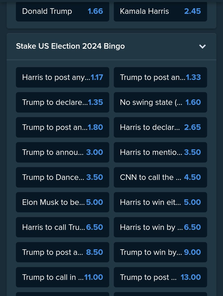 bossolamilekan1's tweet photo. It's time for one of the biggest betting events of the year - the U.S Presidential Election.

We’ve got bettors covered with lots of different options - from Next President and Popular Vote markets, to state-winner betting. We’ve also devised an “Election Bingo” market made up of novelty selections.

Make sure you don't miss this sweet offer on stake 

https://t.co/b2vpJJPp87