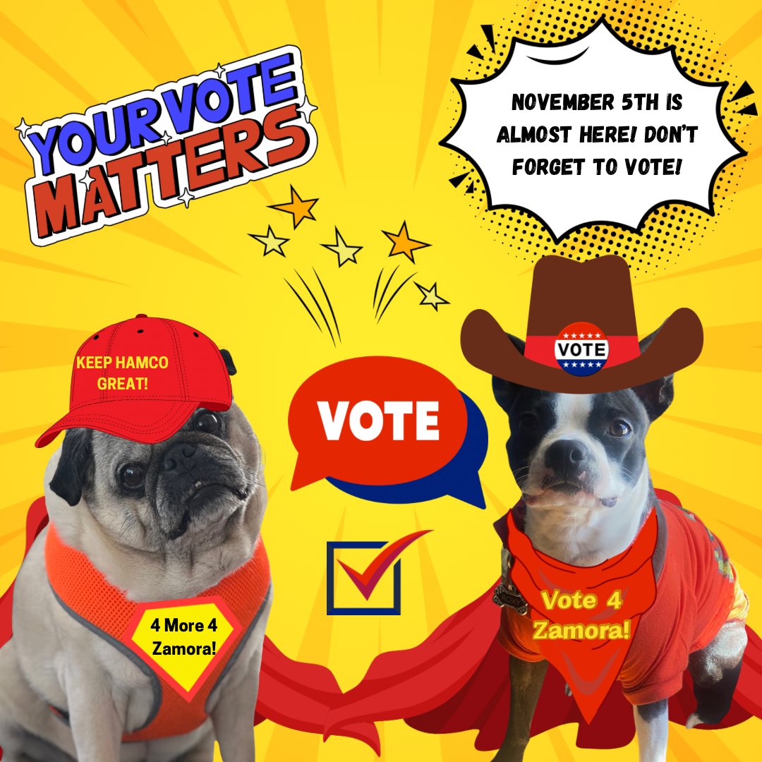 Bubba Gump &amp; Roxy just wanted to remind everyone to get out and vote tomorrow.  This is such a crucial moment for our nation and school system! Let’s keep the momentum going! #4more4zamora