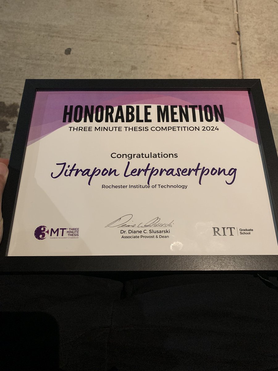RIT 3-Minute Thesis Competition

I was awarded an honorable mention award for the RIT 3-Minute Thesis Competition! It was quite challenging to present my thesis in 3 minutes, but it was fun.

I hope to participate in this competition again next year!