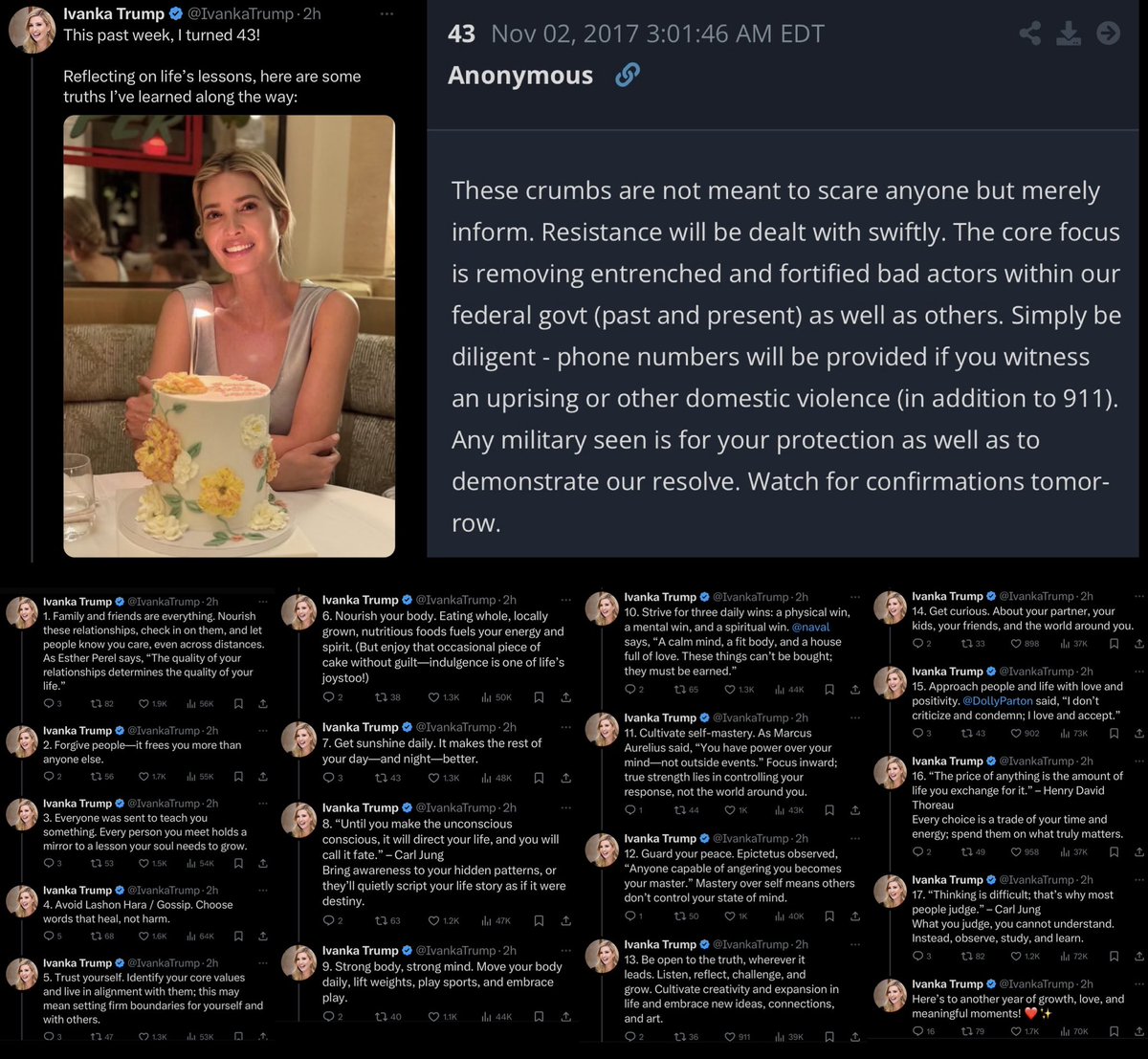 RealAF_Patriot's tweet photo. Whether you are excited, hopeful, or nervous about tomorrow, naturally we are all anxious to some degree. 

Ivanka Trump wants us to know that last week she turned 43 and gave us 17 truths she has learned along the way. 

Of course it was 17, to let us know to look at 𝐐 post 43. https://t.co/oYld540WDs