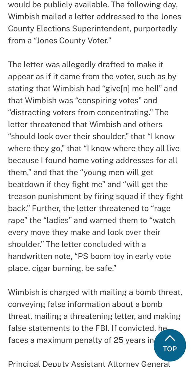 RobDiRienzo's tweet photo. BREAKING: Georgia poll worker has been charged with making bomb threats by the feds. DOJ says Nicholas Wimbish, 25, got into an argument with a voter, found the voter’s personal info and tried to frame him, writing: “PS boom toy in early vote place, cigar burning, be safe.” https://t.co/ONQa2sVn2n