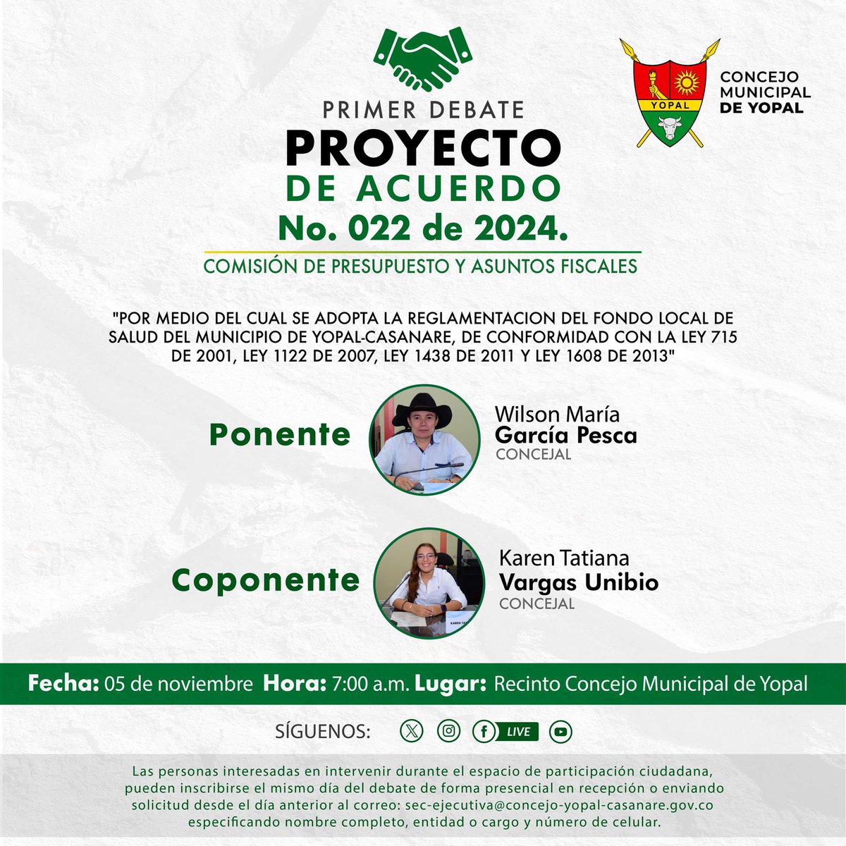 #Actualidad La Comisión de Presupuesto y Asuntos Fiscales dará Primer Debate al Proyecto de Acuerdo N0. 022 de 2024 “Por medio del cual se adopta la reglamentación del fondo local de salud del municipio de Yopal - Casanare”
